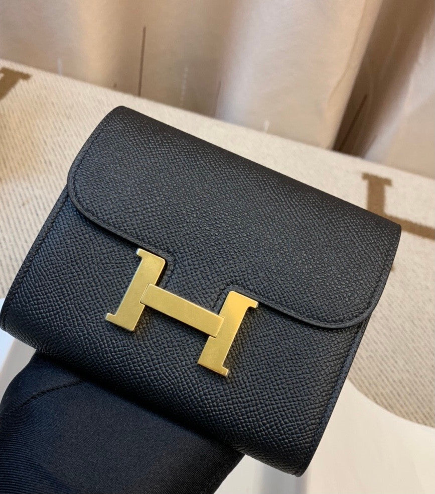 Hermes Constance Compact Passant wallet Black Epsom Leather with Gold Hardware