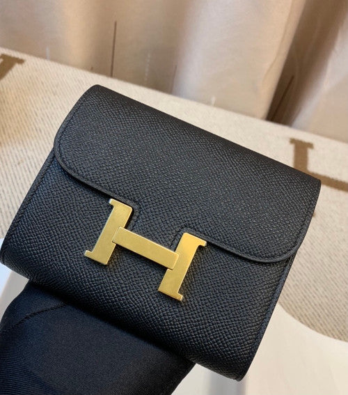 Hermes Constance Compact Passant wallet Black Epsom Leather with Gold Hardware