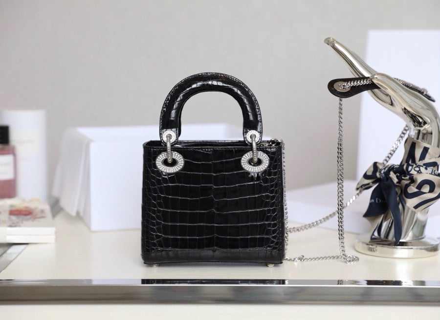 Christian Dior Lady Dior Mini Crocodile Silver Hardware with Crystals Black
