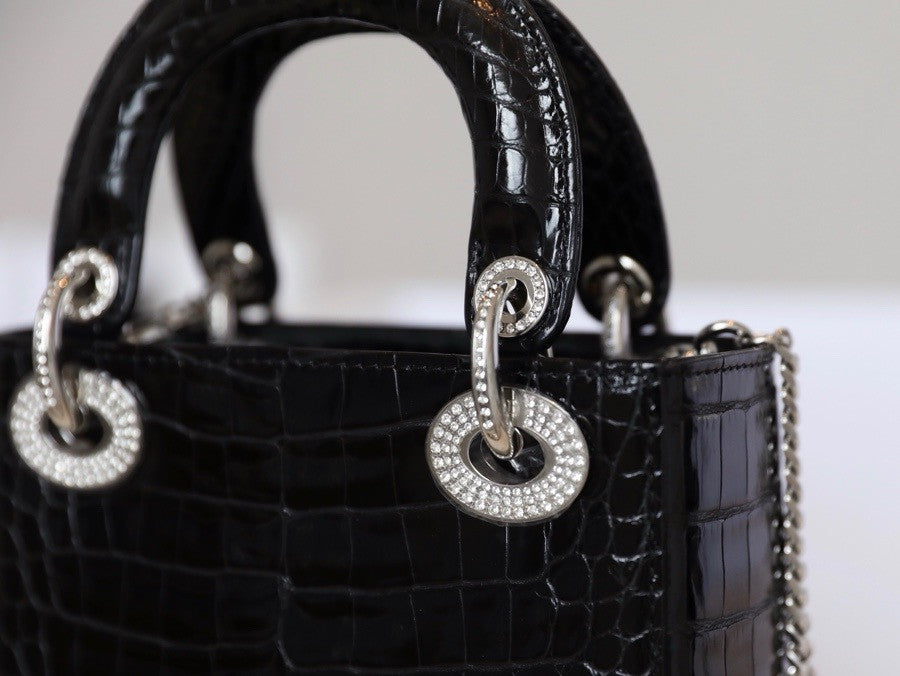 Christian Dior Lady Dior Mini Crocodile Silver Hardware with Crystals Black