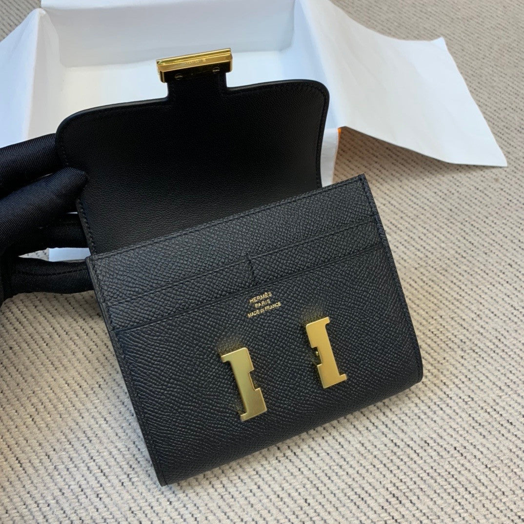 Hermes Constance Compact Passant wallet Black Epsom Leather with Gold Hardware