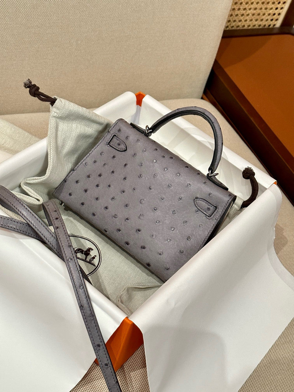 Hermès Kelly 20 Mini II Sellier Gris Agate Ostrich Gold Hardware