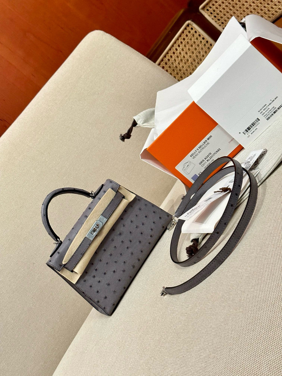 Hermès Kelly 20 Mini II Sellier Gris Agate Ostrich Gold Hardware