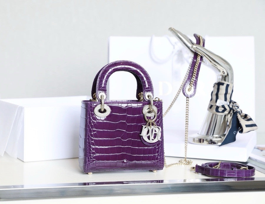 Christian Dior Lady Dior Mini Crocodile Silver Hardware with Crystals Purple