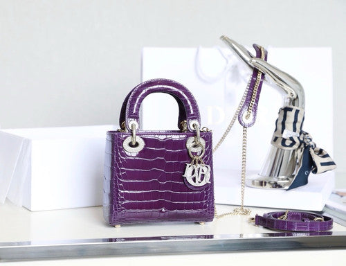 Christian Dior Lady Dior Mini Crocodile Silver Hardware with Crystals Purple