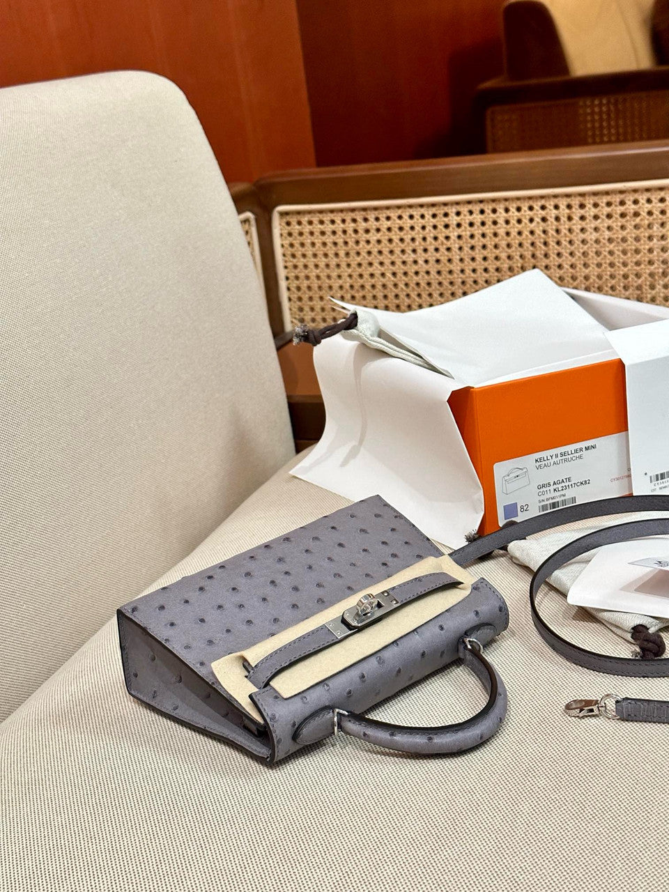 Hermès Kelly 20 Mini II Sellier Gris Agate Ostrich Gold Hardware