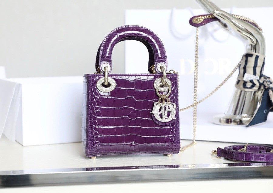 Christian Dior Lady Dior Mini Crocodile Silver Hardware with Crystals Purple