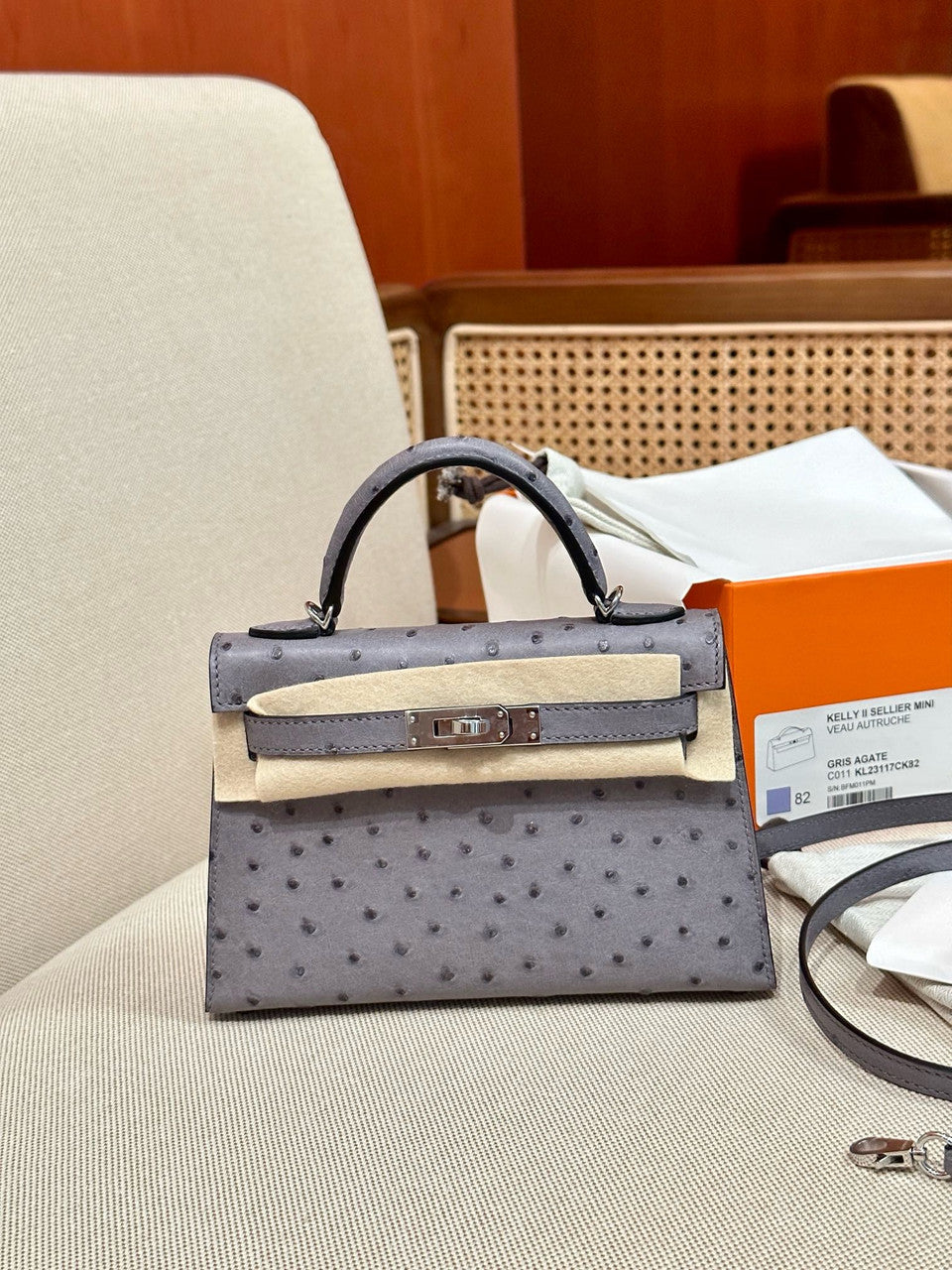 Hermès Kelly 20 Mini II Sellier Gris Agate Ostrich Gold Hardware