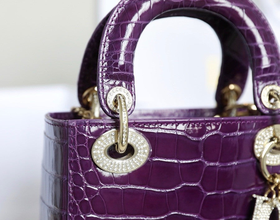 Christian Dior Lady Dior Mini Crocodile Silver Hardware with Crystals Purple