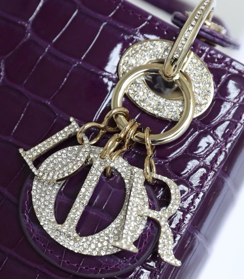 Christian Dior Lady Dior Mini Crocodile Silver Hardware with Crystals Purple