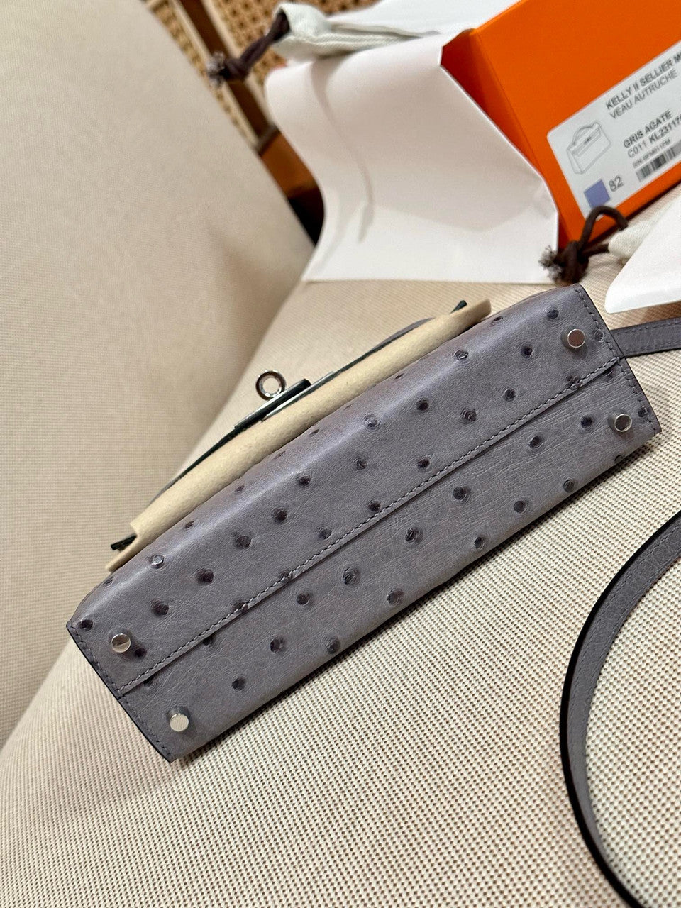 Hermès Kelly 20 Mini II Sellier Gris Agate Ostrich Gold Hardware