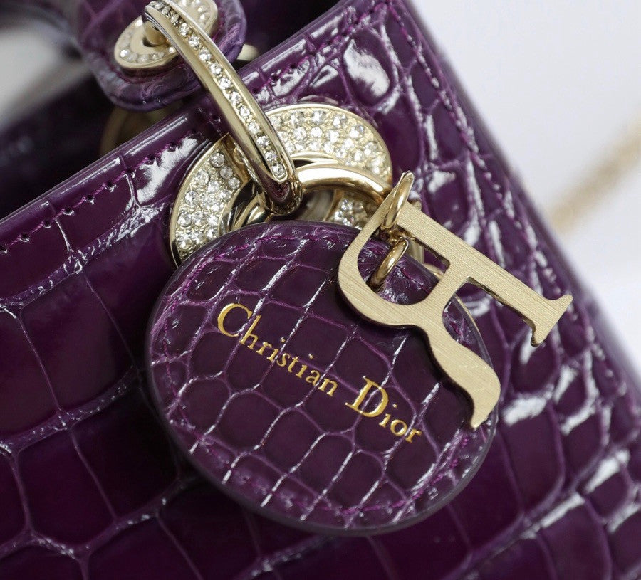 Christian Dior Lady Dior Mini Crocodile Silver Hardware with Crystals Purple