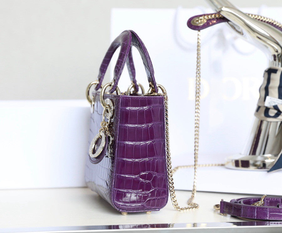 Christian Dior Lady Dior Mini Crocodile Silver Hardware with Crystals Purple