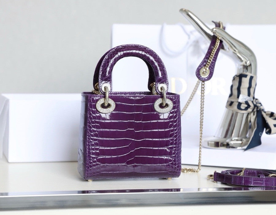 Christian Dior Lady Dior Mini Crocodile Silver Hardware with Crystals Purple