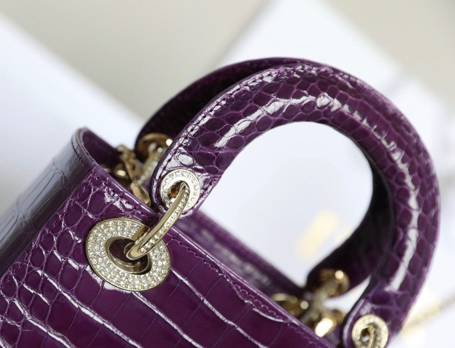 Christian Dior Lady Dior Mini Crocodile Silver Hardware with Crystals Purple