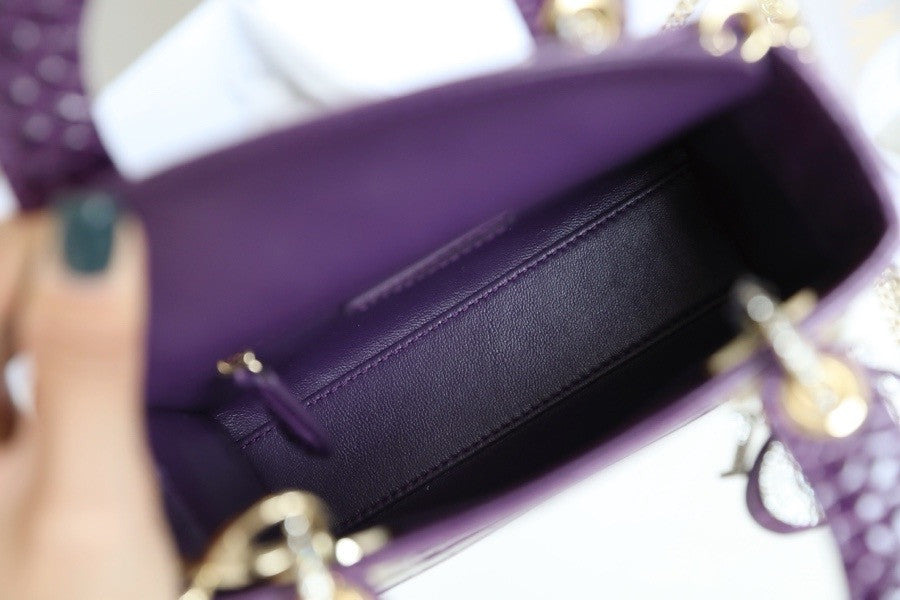 Christian Dior Lady Dior Mini Crocodile Silver Hardware with Crystals Purple