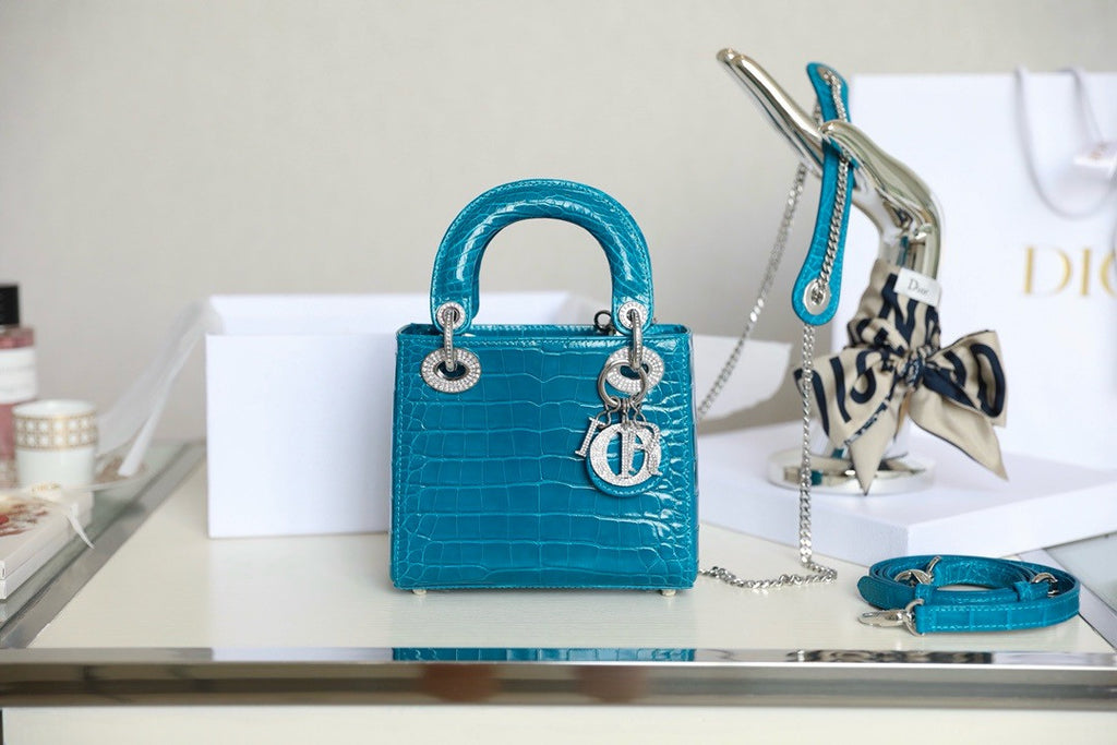 Christian Dior Lady Dior Mini Crocodile Silver Hardware with Crystals Blue