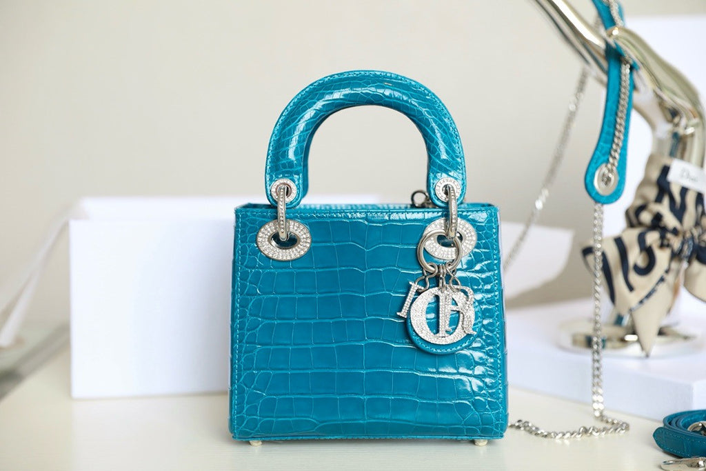 Christian Dior Lady Dior Mini Crocodile Silver Hardware with Crystals Blue