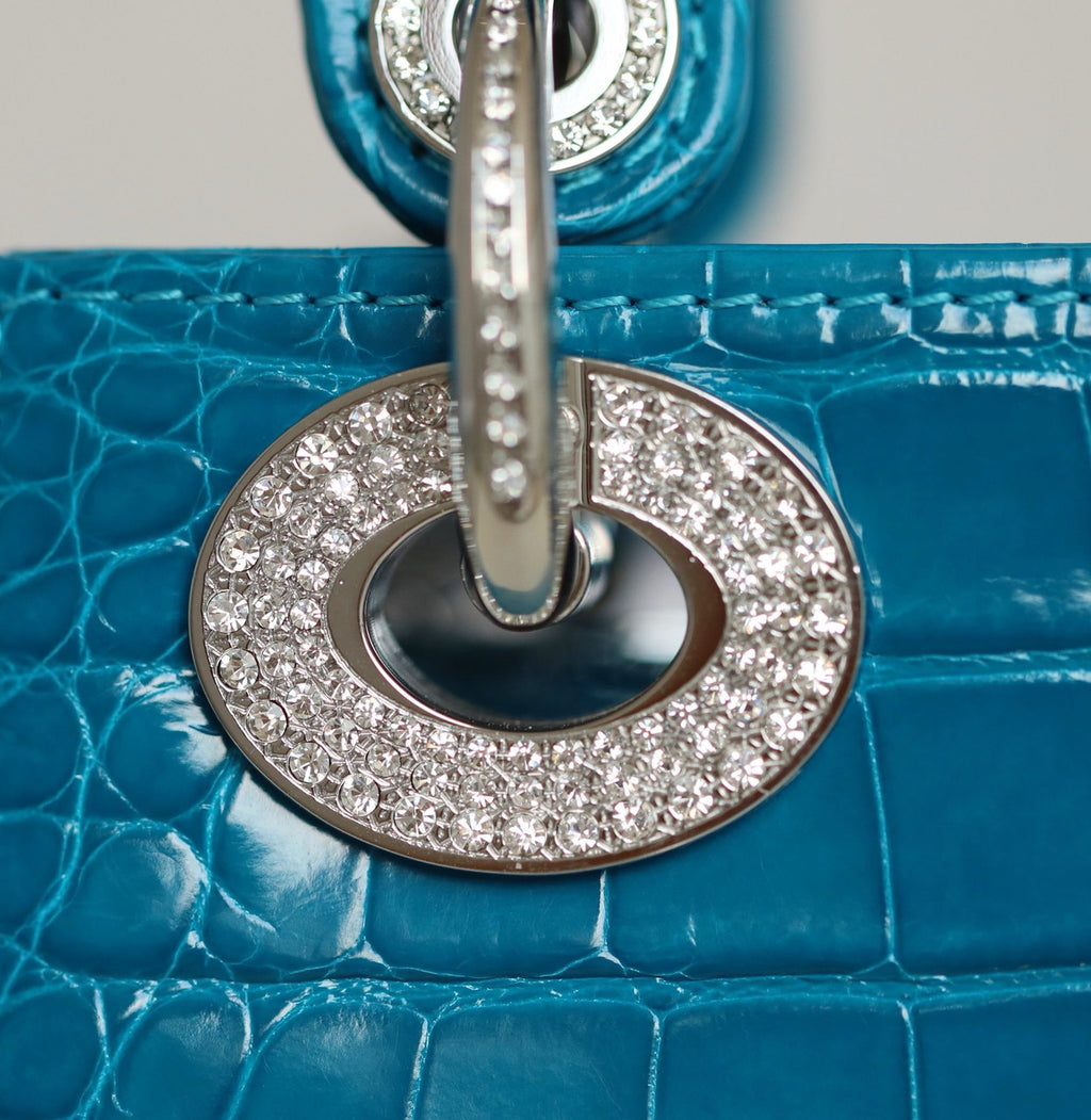 Christian Dior Lady Dior Mini Crocodile Silver Hardware with Crystals Blue
