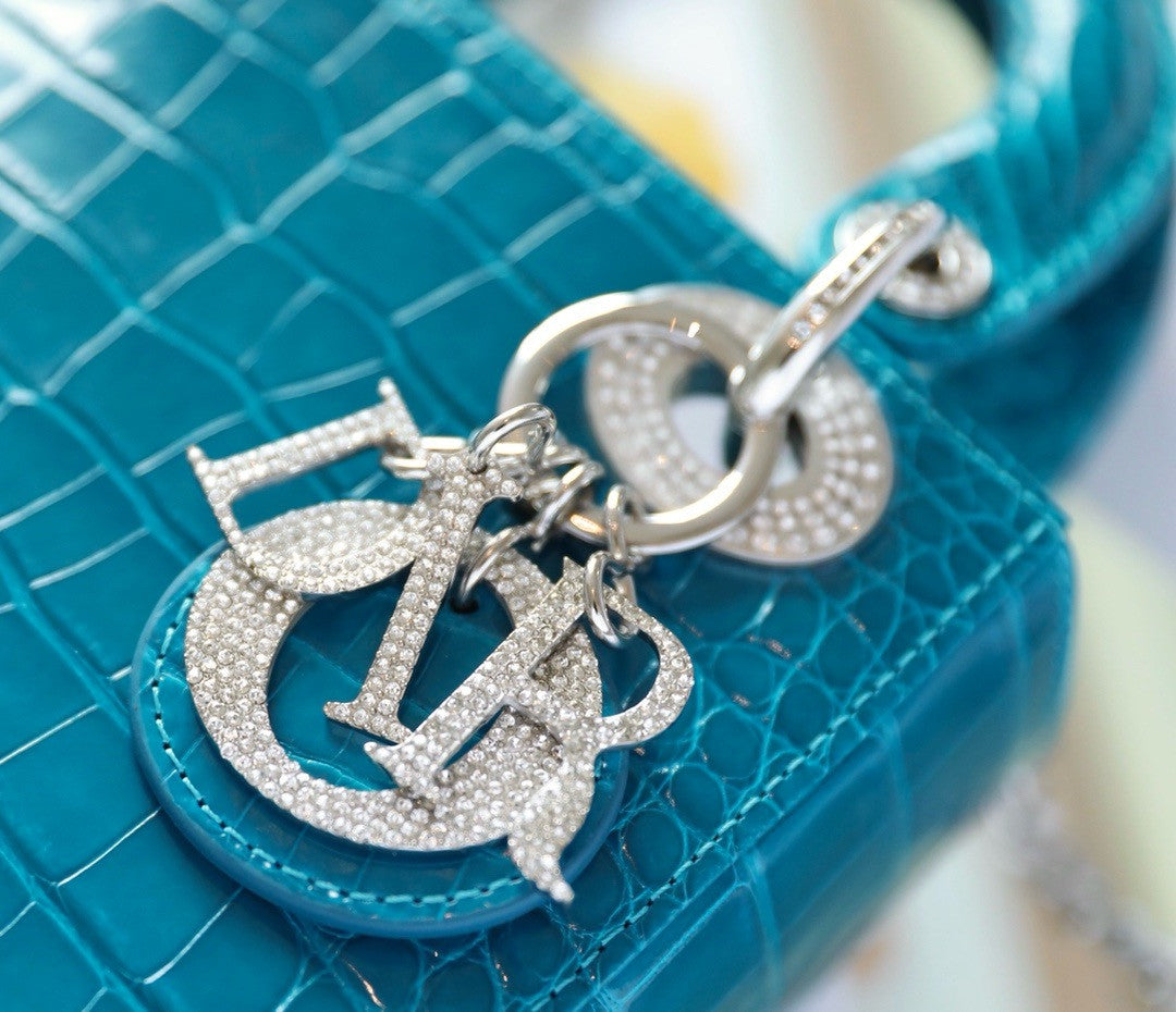 Christian Dior Lady Dior Mini Crocodile Silver Hardware with Crystals Blue