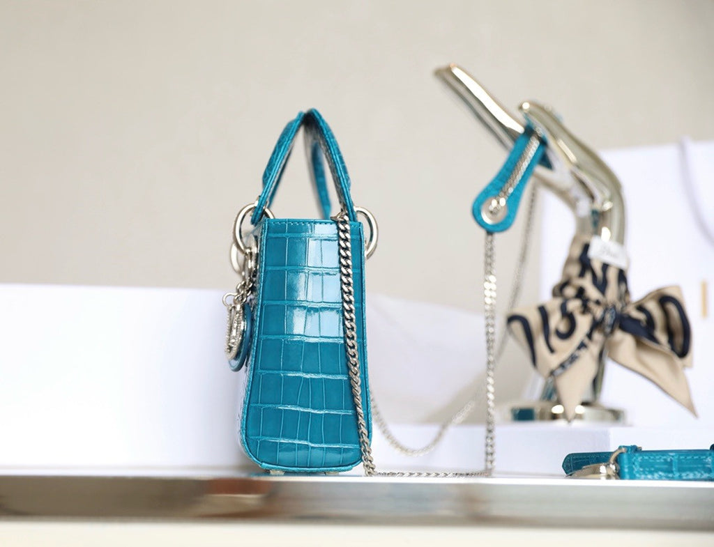 Christian Dior Lady Dior Mini Crocodile Silver Hardware with Crystals Blue