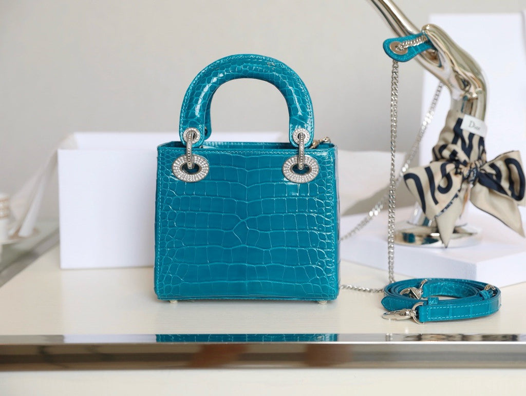 Christian Dior Lady Dior Mini Crocodile Silver Hardware with Crystals Blue