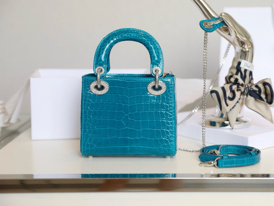 Christian Dior Lady Dior Mini Crocodile Silver Hardware with Crystals Blue