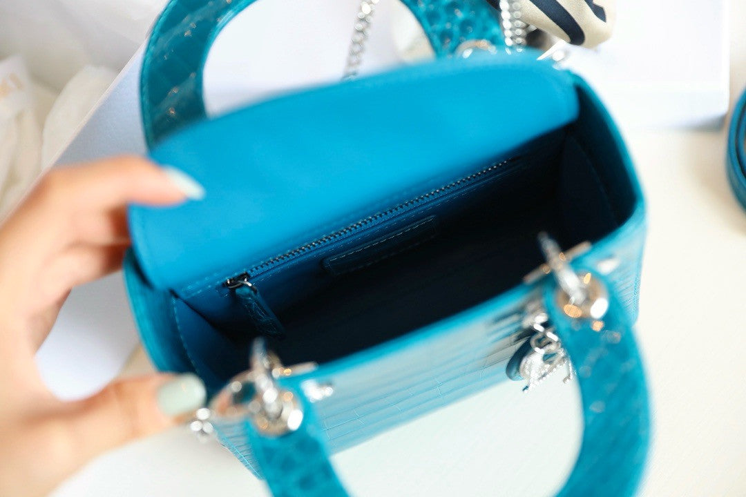 Christian Dior Lady Dior Mini Crocodile Silver Hardware with Crystals Blue