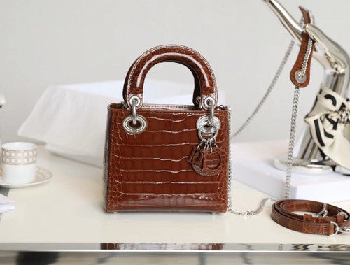 Christian Dior Lady Dior Mini Crocodile Silver Hardware with Crystals Brown