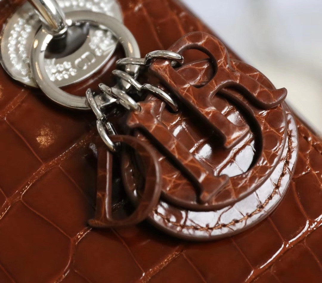 Christian Dior Lady Dior Mini Crocodile Silver Hardware with Crystals Brown