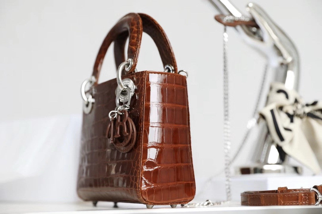 Christian Dior Lady Dior Mini Crocodile Silver Hardware with Crystals Brown