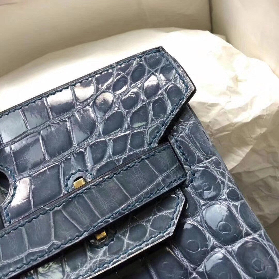 Hermes 75 Blue Jean Birkin 30 in Shiny Niloticus Crocodile with Palladium hardware