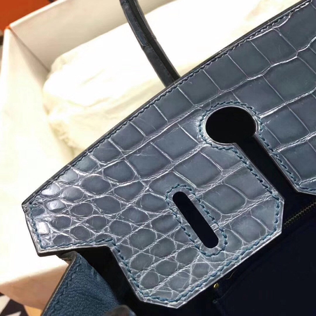 Hermes 75 Blue Jean Birkin 30 in Shiny Niloticus Crocodile with Palladium hardware