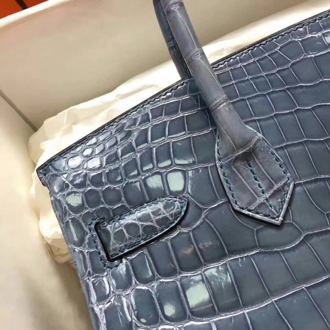Hermes 75 Blue Jean Birkin 30 in Shiny Niloticus Crocodile with Palladium hardware