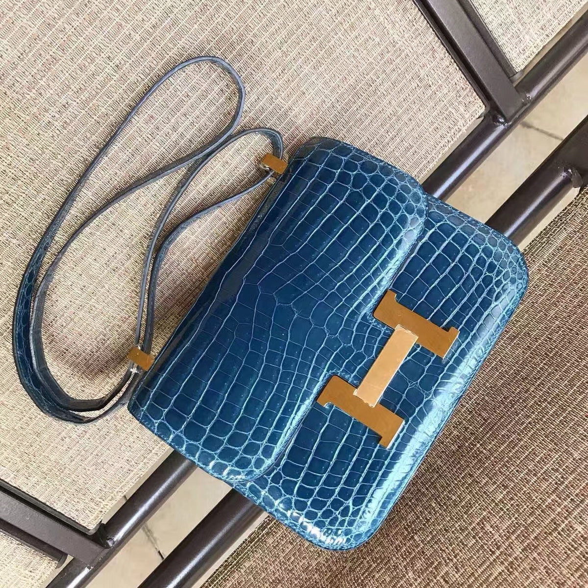 Hermes 1P Duck Blue Constance 24 Niloticus Crocodile with Gold Hardware