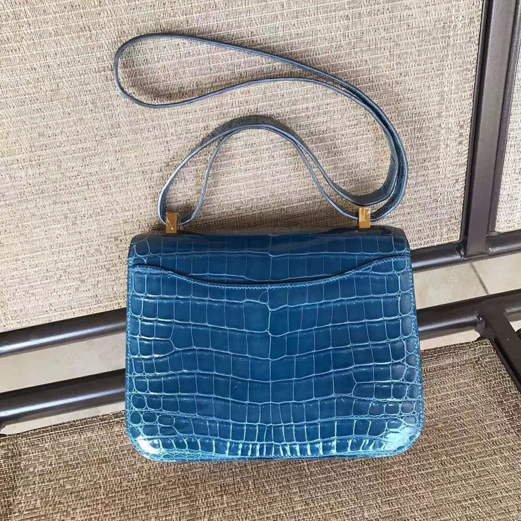 Hermes 1P Duck Blue Constance 24 Niloticus Crocodile with Gold Hardware