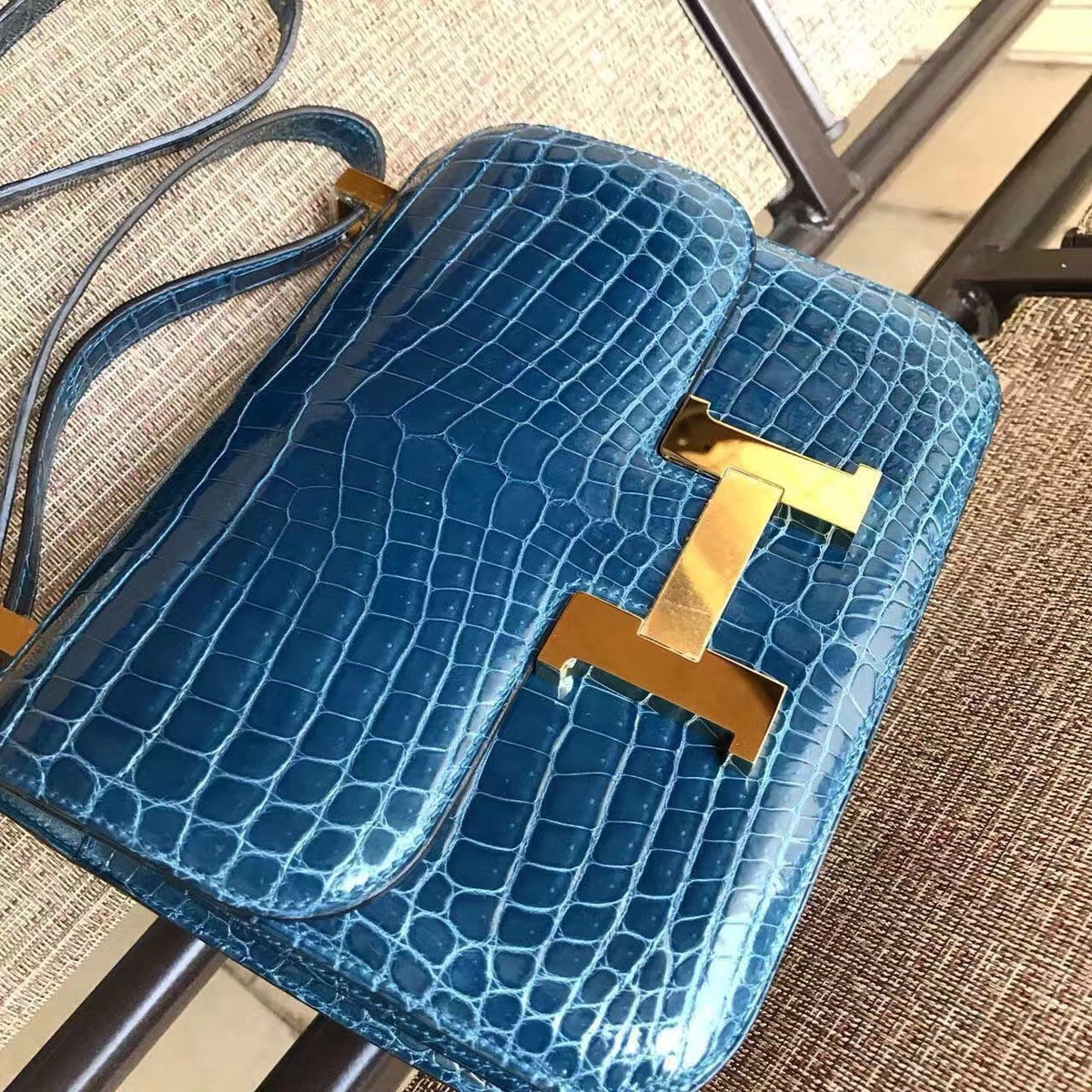 Hermes 1P Duck Blue Constance 24 Niloticus Crocodile with Gold Hardware