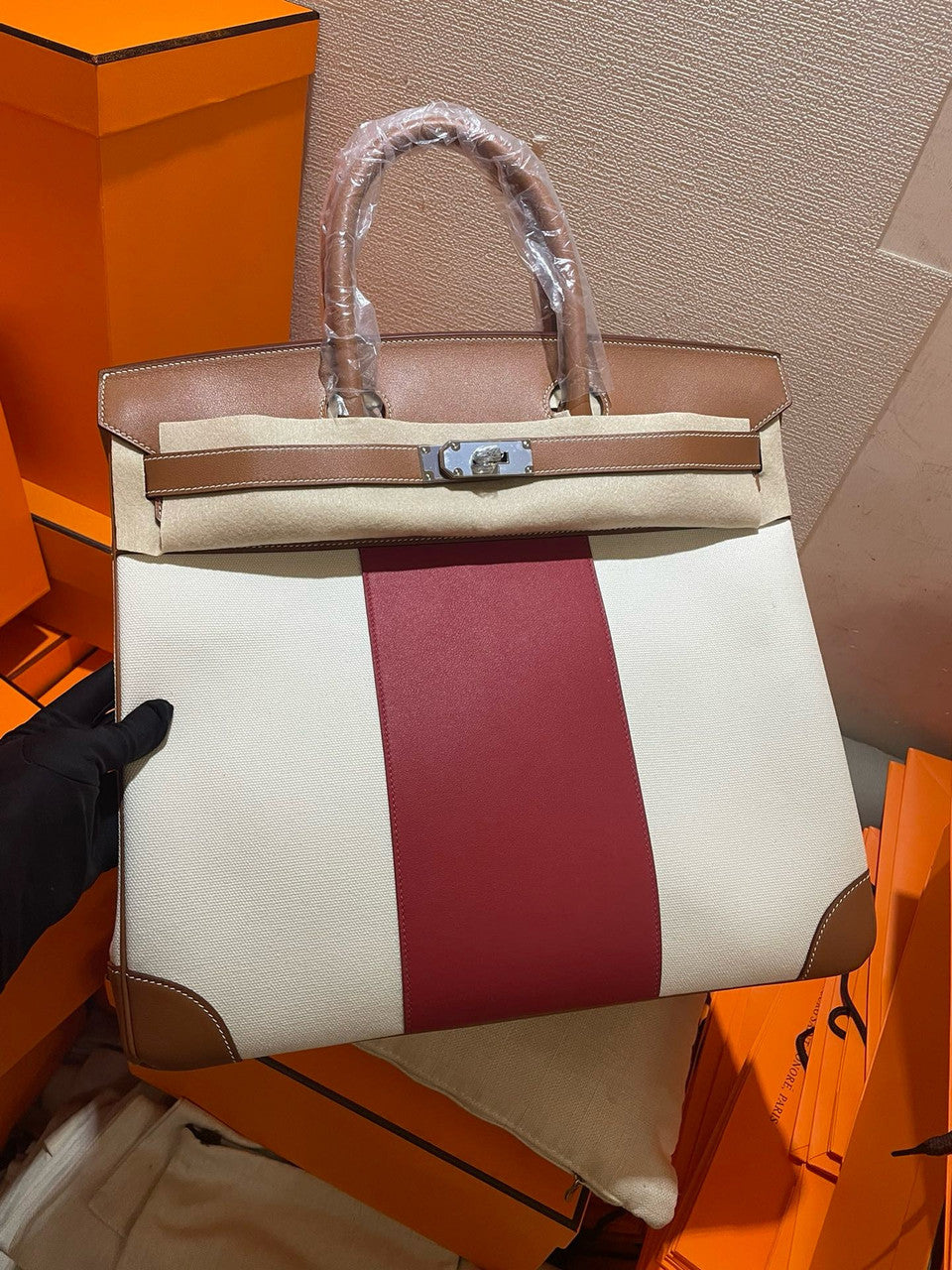 Hermes Birkin 40 HAC Gold & Bordeaux Swift Toile De Camp Gold Hardware