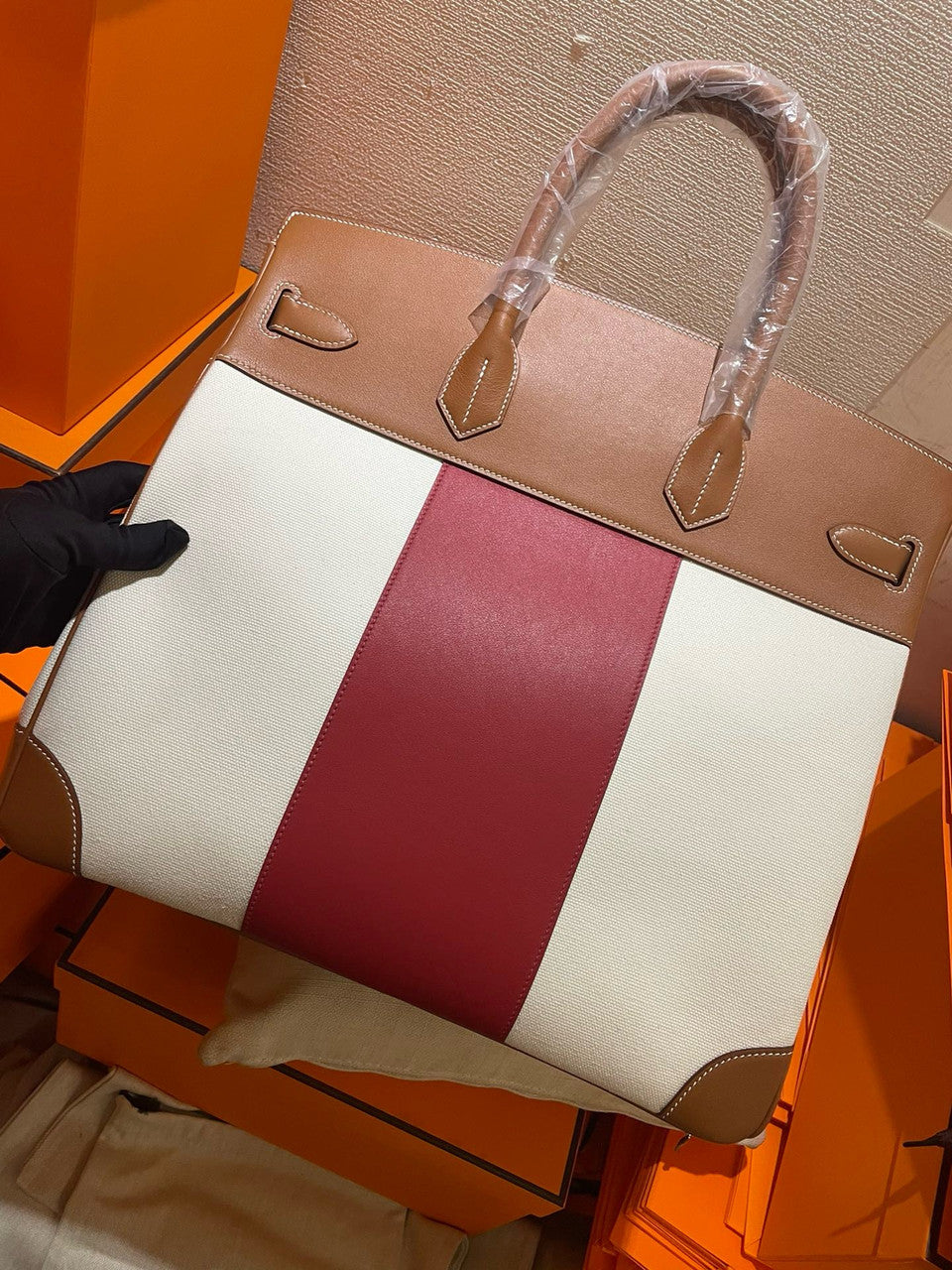 Hermes Birkin 40 HAC Gold & Bordeaux Swift Toile De Camp Gold Hardware