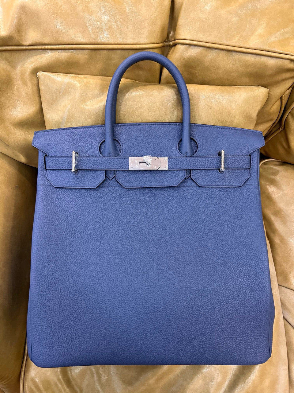 Hermes Bleu Agate Haut A Courroies Bag Clemence 40cm Palladium Hardware