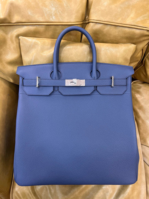 Hermes Bleu Agate Haut A Courroies Bag Clemence 40cm Palladium Hardware