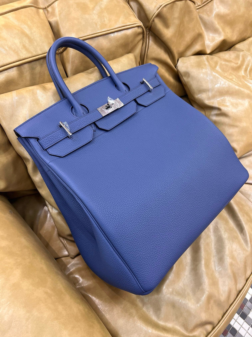 Hermes Bleu Agate Haut A Courroies Bag Clemence 40cm Palladium Hardware