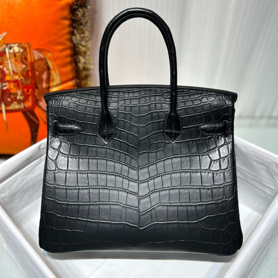 HERMES SHINY BLACK POROSUS CROCODILE DIAMOND BIRKIN 30 WITH 18K WHITE GOLD & DIAMOND HARDWARE