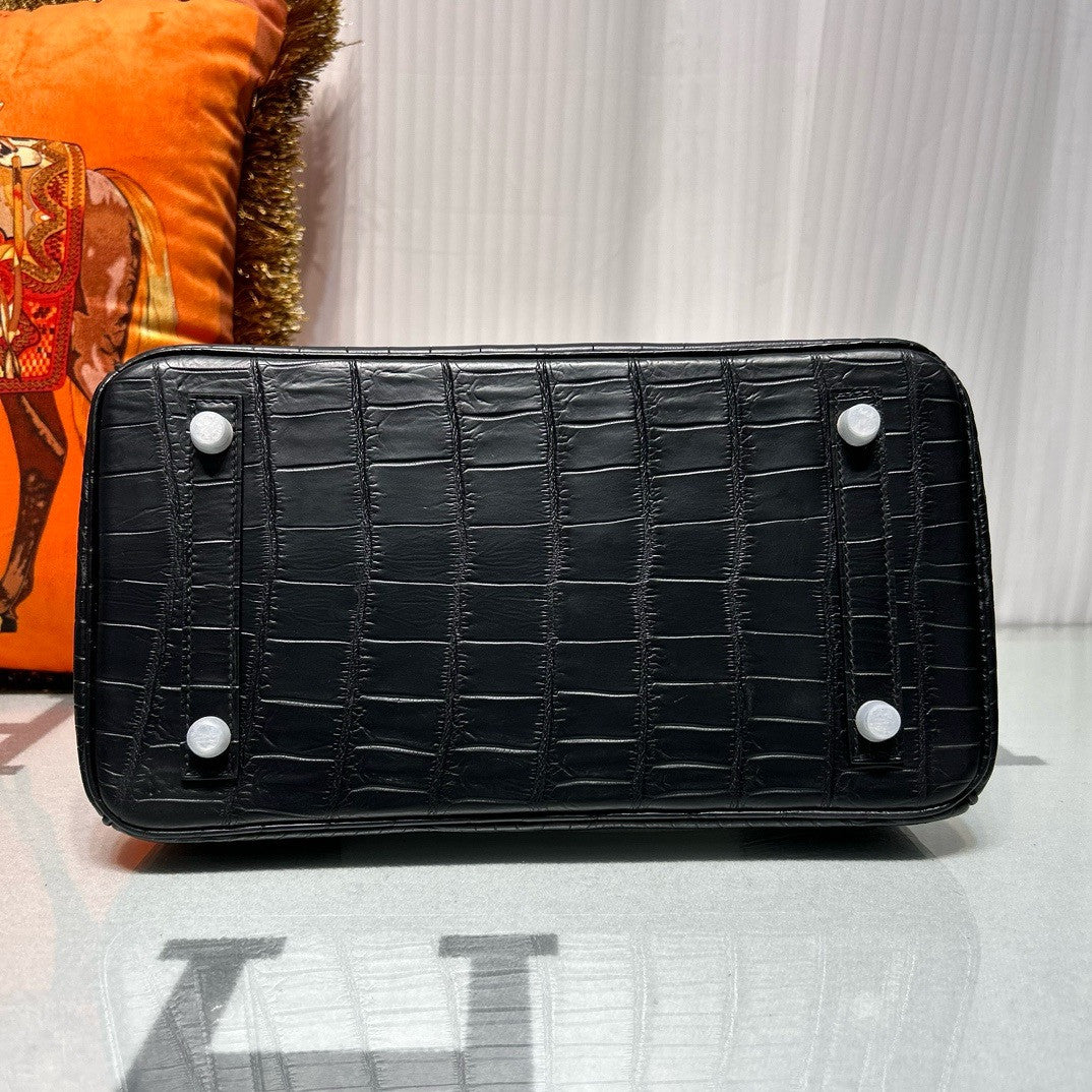 HERMES SO-BLACK BIRKIN 25 Matt alligator crocodile skin, Black hardware