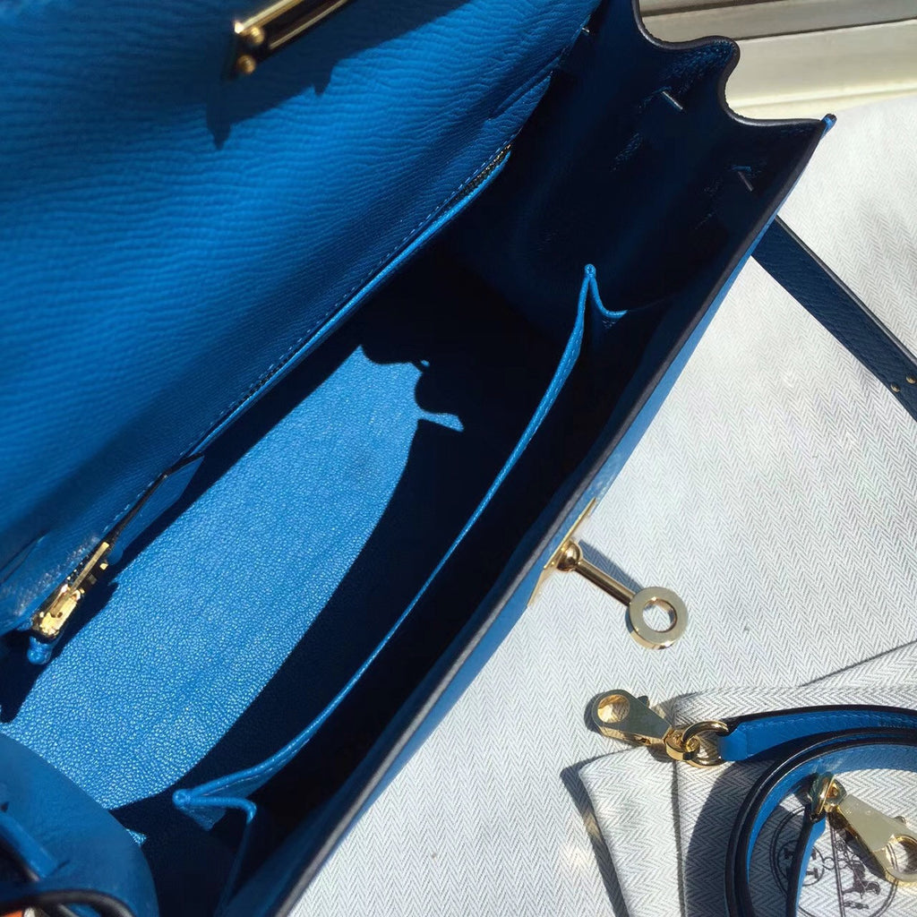 Hermes Blue Jean Kelly 25 cm Epsom Gold Hardware