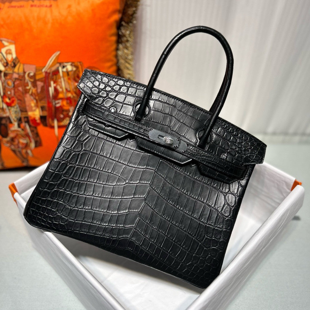HERMES SO-BLACK BIRKIN 25 Matt alligator crocodile skin, Black hardware