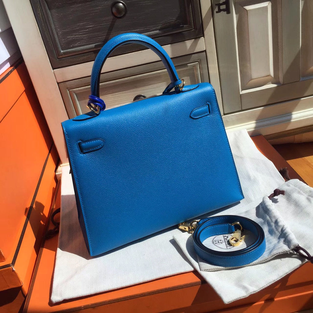 Hermes Blue Jean Kelly 25 cm Epsom Gold Hardware