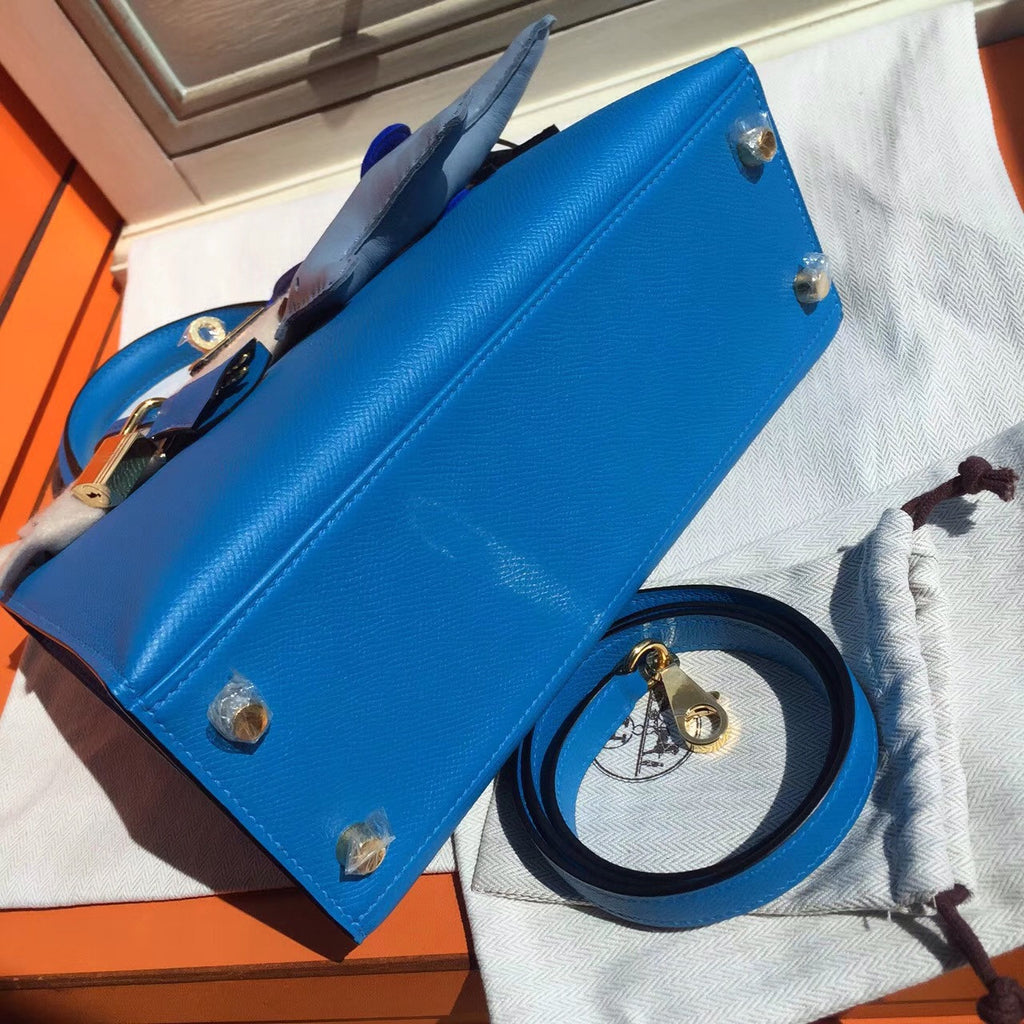 Hermes Blue Jean Kelly 25 cm Epsom Gold Hardware