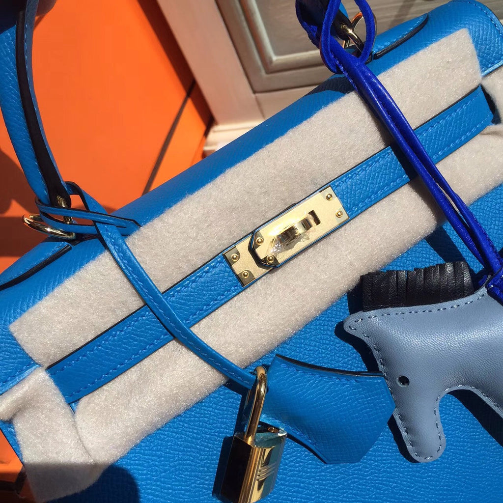 Hermes Blue Jean Kelly 25 cm Epsom Gold Hardware