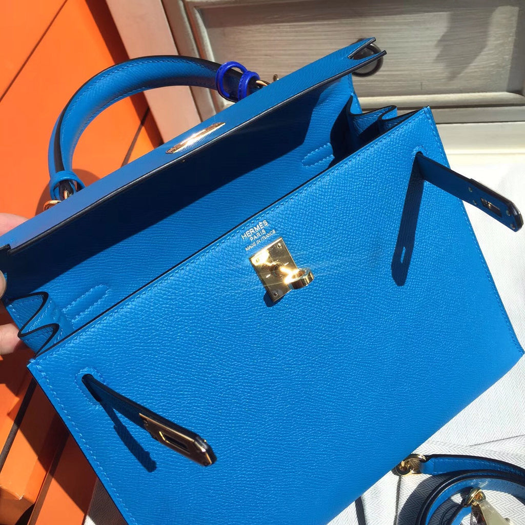 Hermes Blue Jean Kelly 25 cm Epsom Gold Hardware